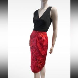 Vintage 90s Red Spenser Jeremy 100% Silk Rose Printed Beaded Pencil Skirt Sz 8